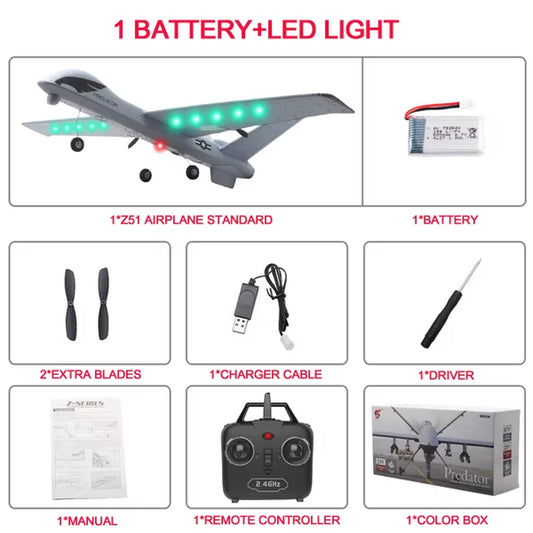 RC Plane 20 Minutes Flight Time Glider Toy Plane with LED 2.4G Remote Control Hand Throwing Wingspan Kids RC Jet Airplane Foam