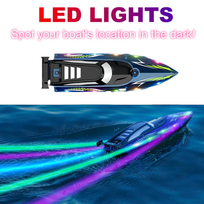 Remote Control Boat with LED Lights, 2.4Ghz High Speed RC Racing Boats for Lakes, Pool Toys for Kids & Adults, Radio Controlled Watercraft