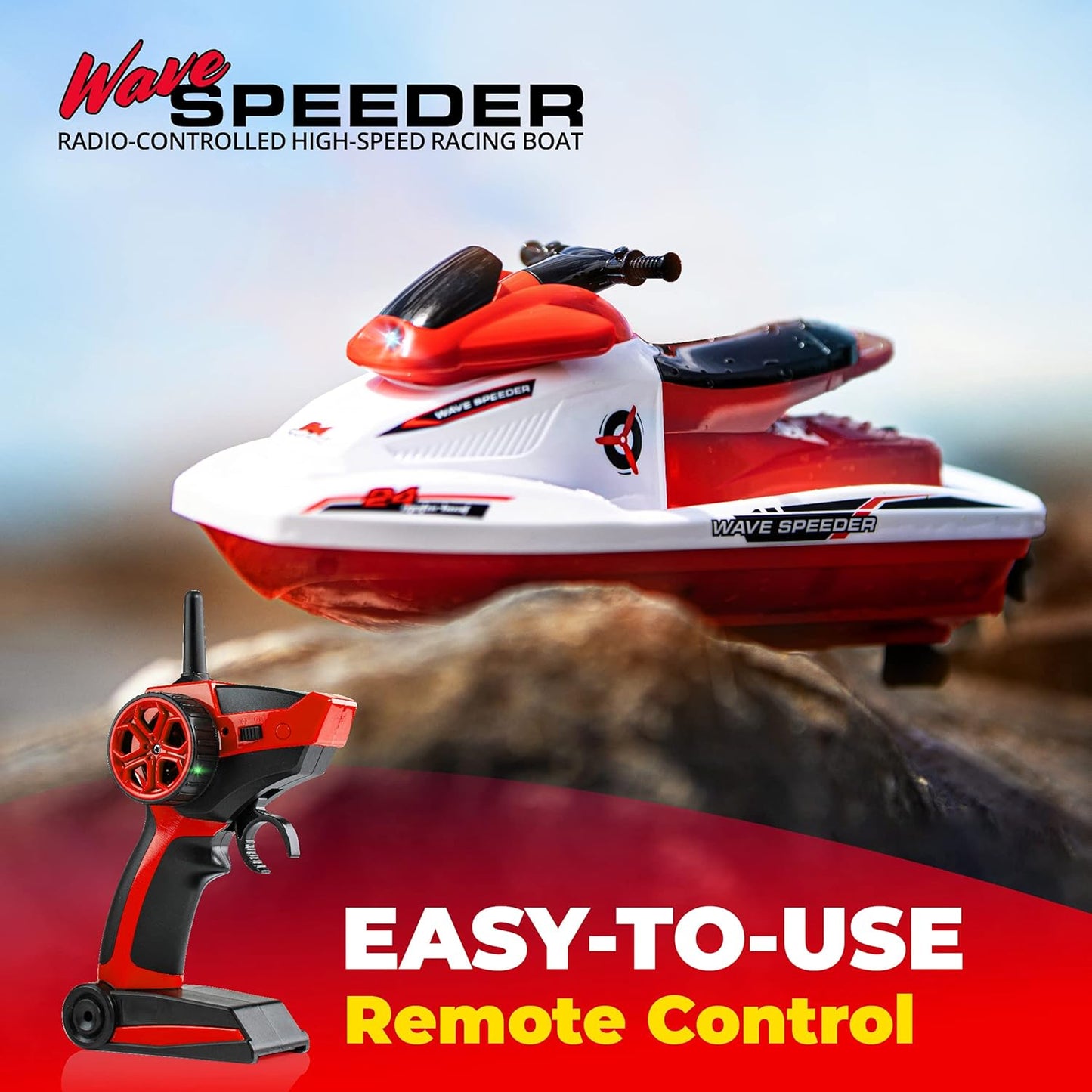 Wave Speeder RC Boat for Kids - Remote Control Toy for Pool Water or Lake Play, Mini RC Boat Toy with Motor, Rechargeable Battery, Dual Motor, USB Charger, 2.4Ghz Remote Control (Red)