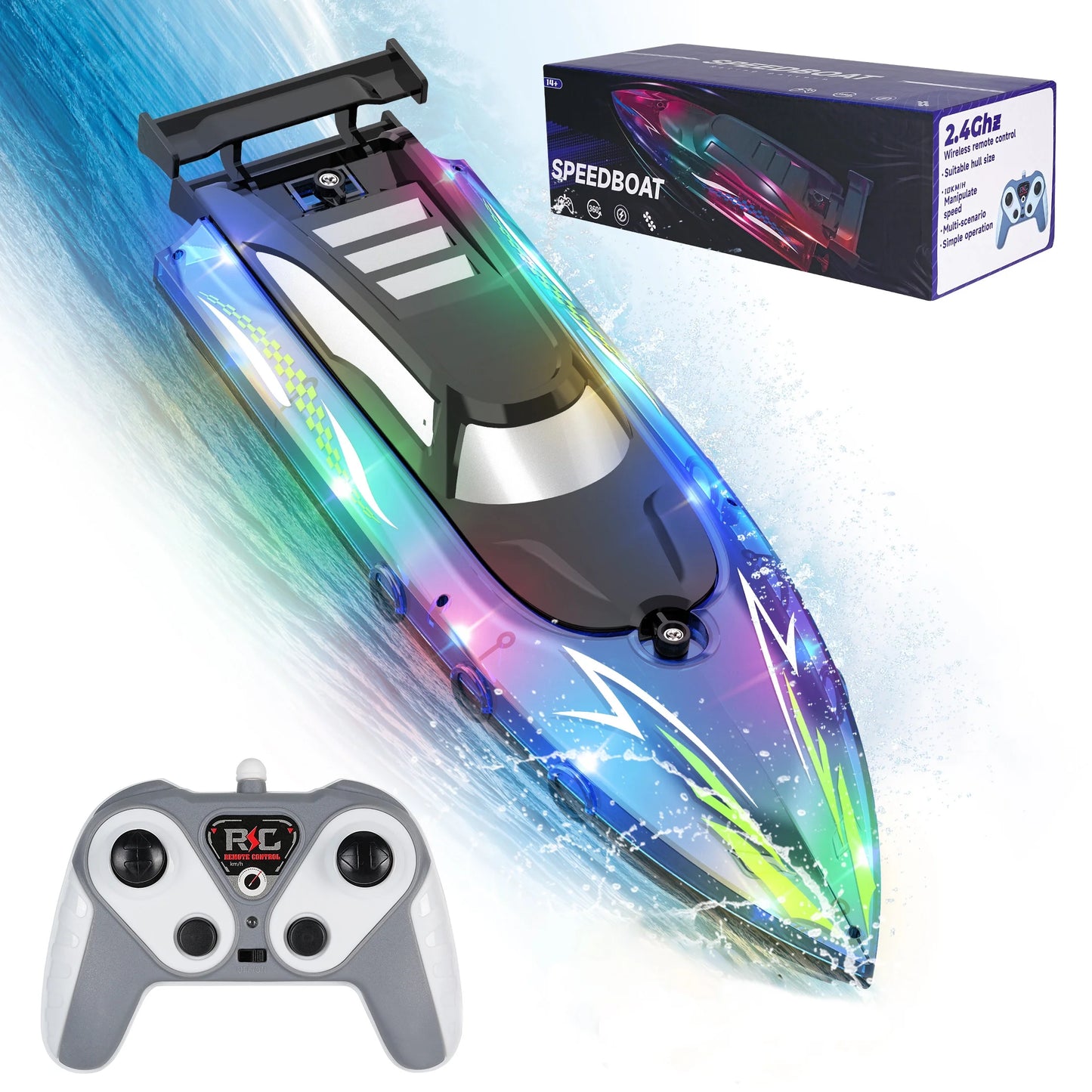 Remote Control Boat with LED Lights, 2.4Ghz High Speed RC Racing Boats for Lakes, Pool Toys for Kids & Adults, Radio Controlled Watercraft