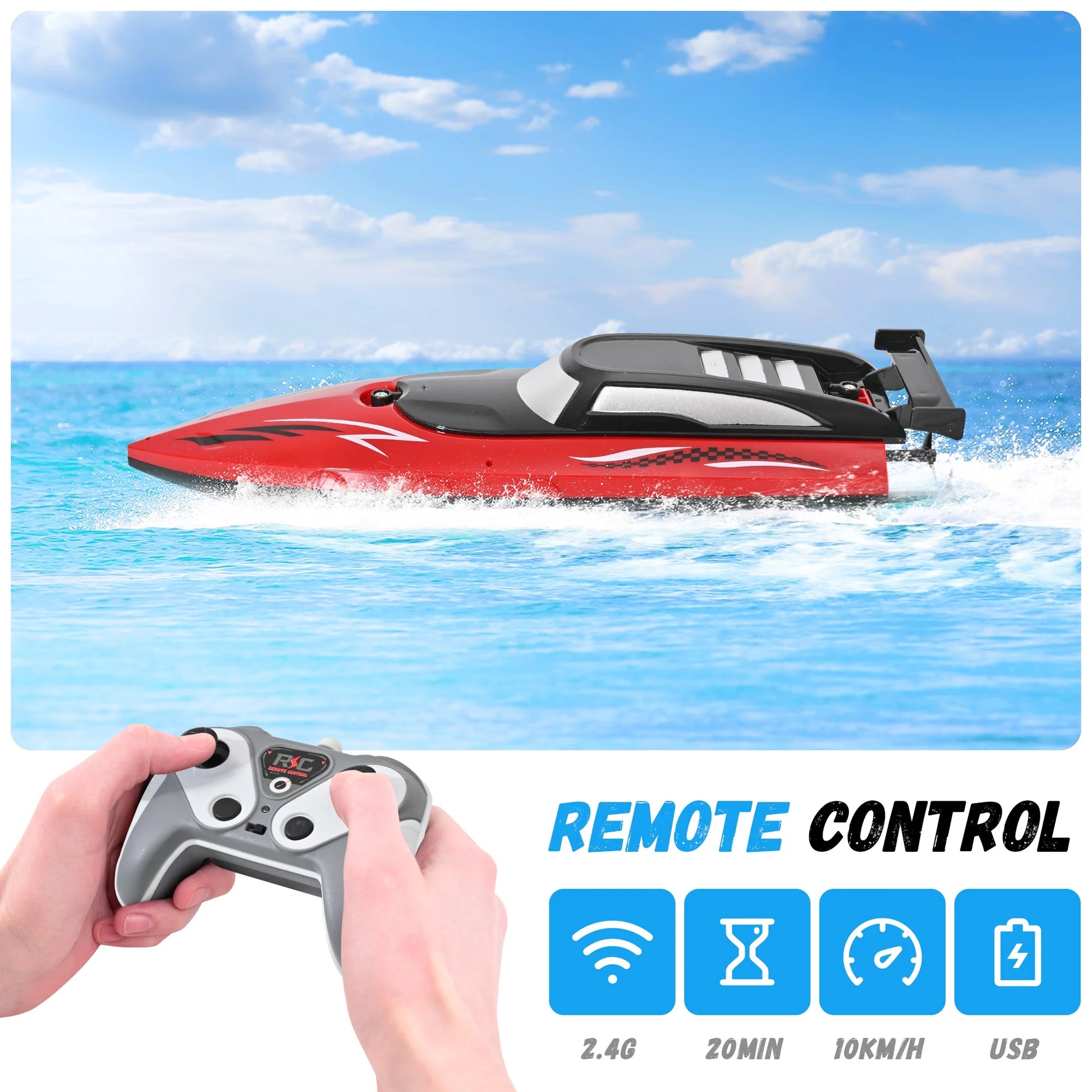 RC Boat - Remote Control Boat for Adults & Kids,12+Kmh RC Boat for Pools/Lakes/River/Water with 2 Rechargeable Batteries