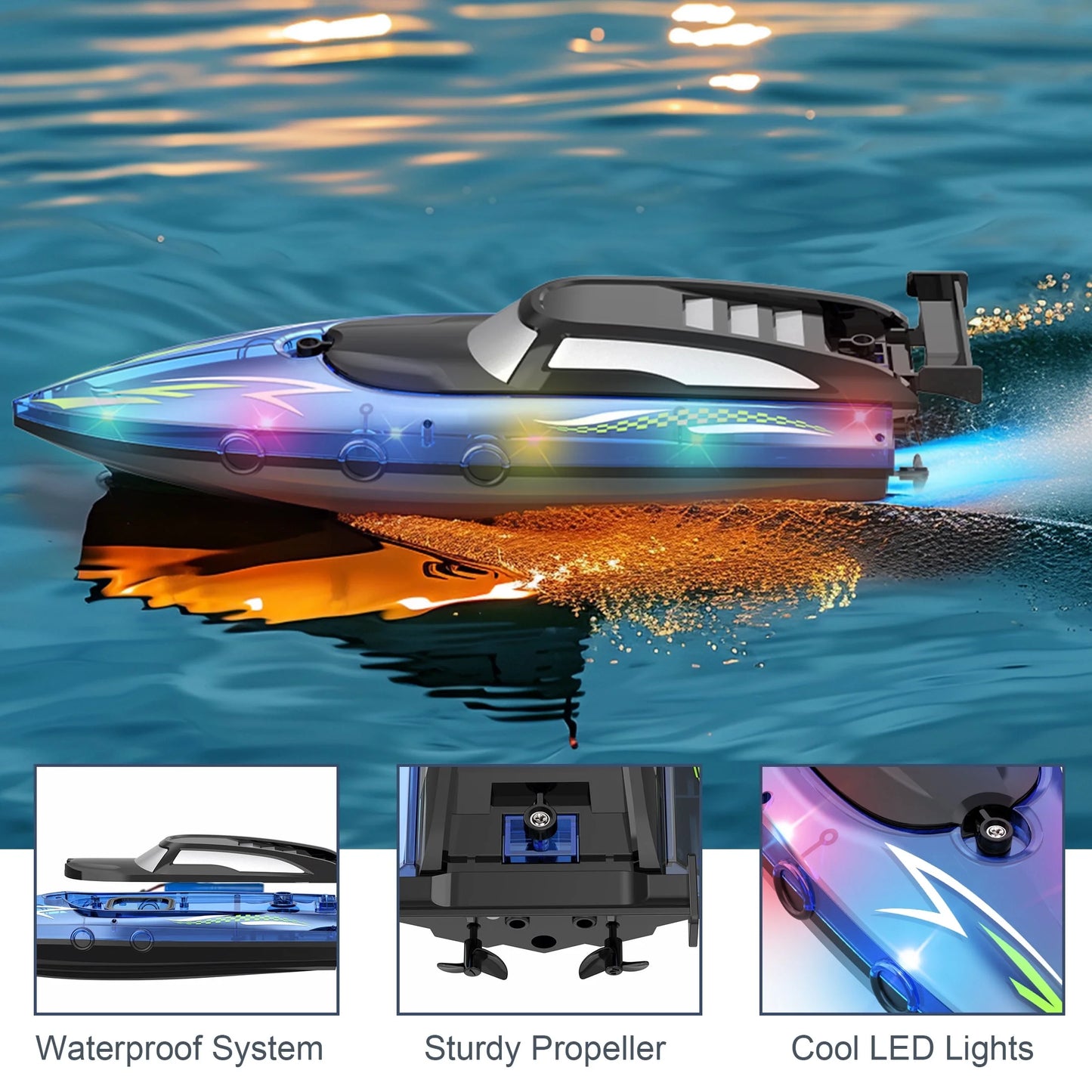 Remote Control Boat with LED Lights, 2.4Ghz High Speed RC Racing Boats for Lakes, Pool Toys for Kids & Adults, Radio Controlled Watercraft