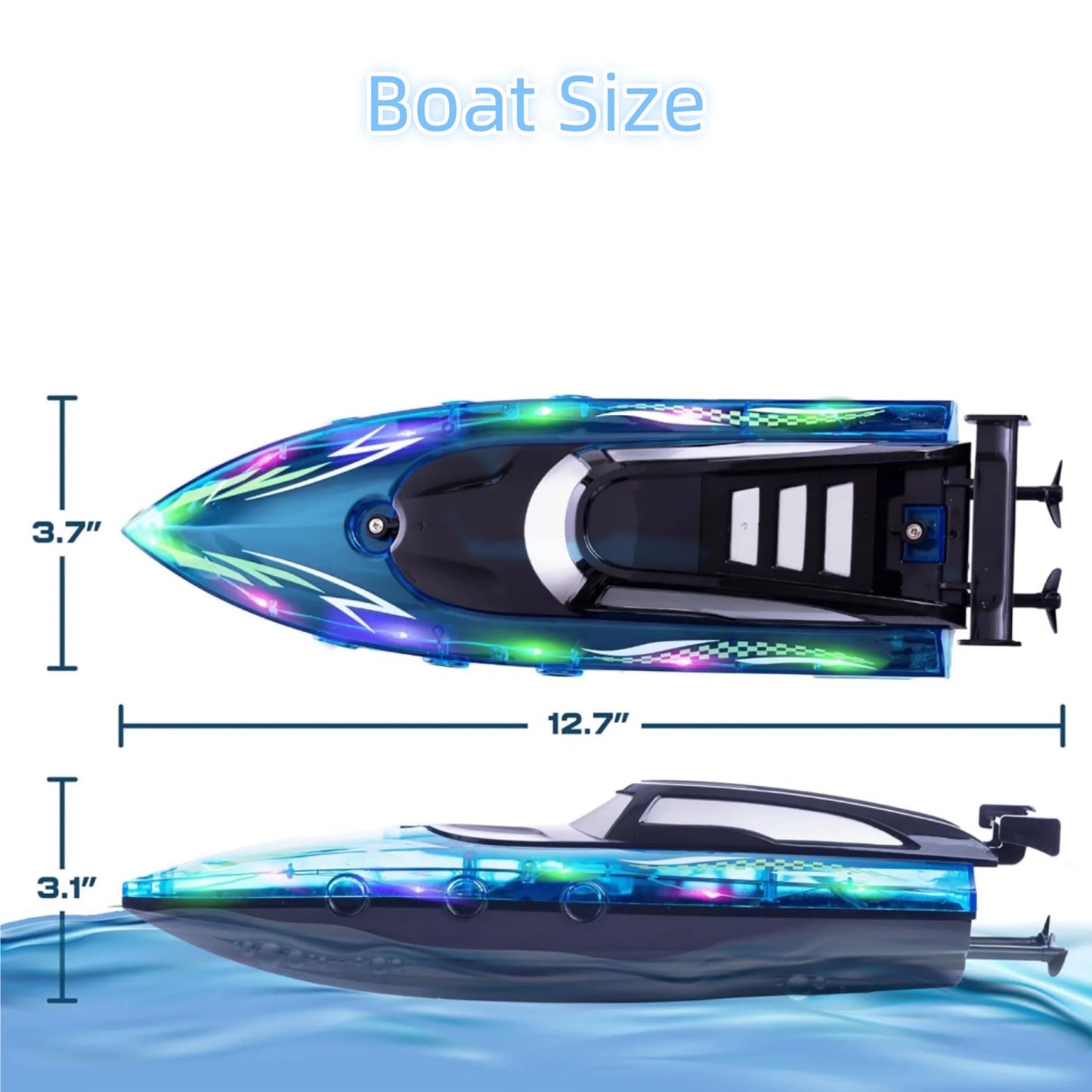 Remote Control Boat with LED Lights, 2.4Ghz High Speed RC Racing Boats for Lakes, Pool Toys for Kids & Adults, Radio Controlled Watercraft