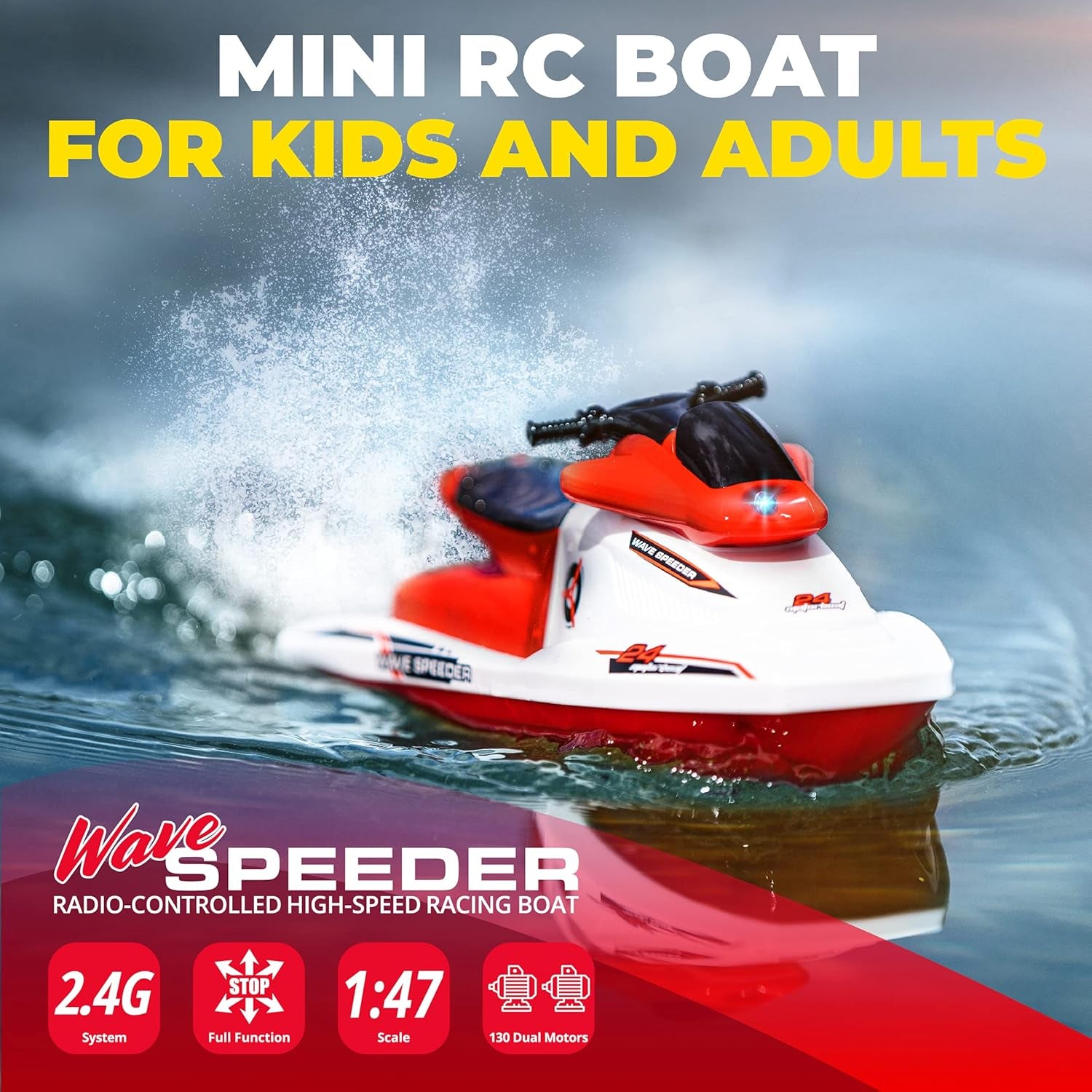 Wave Speeder RC Boat for Kids - Remote Control Toy for Pool Water or Lake Play, Mini RC Boat Toy with Motor, Rechargeable Battery, Dual Motor, USB Charger, 2.4Ghz Remote Control (Red)