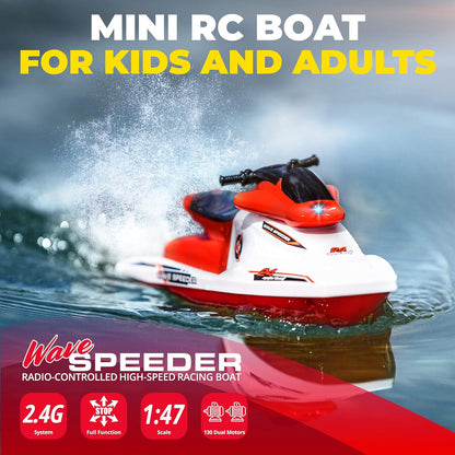 Wave Speeder RC Boat for Kids - Remote Control Toy for Pool Water or Lake Play, Mini RC Boat Toy with Motor, Rechargeable Battery, Dual Motor, USB Charger, 2.4Ghz Remote Control (Red)