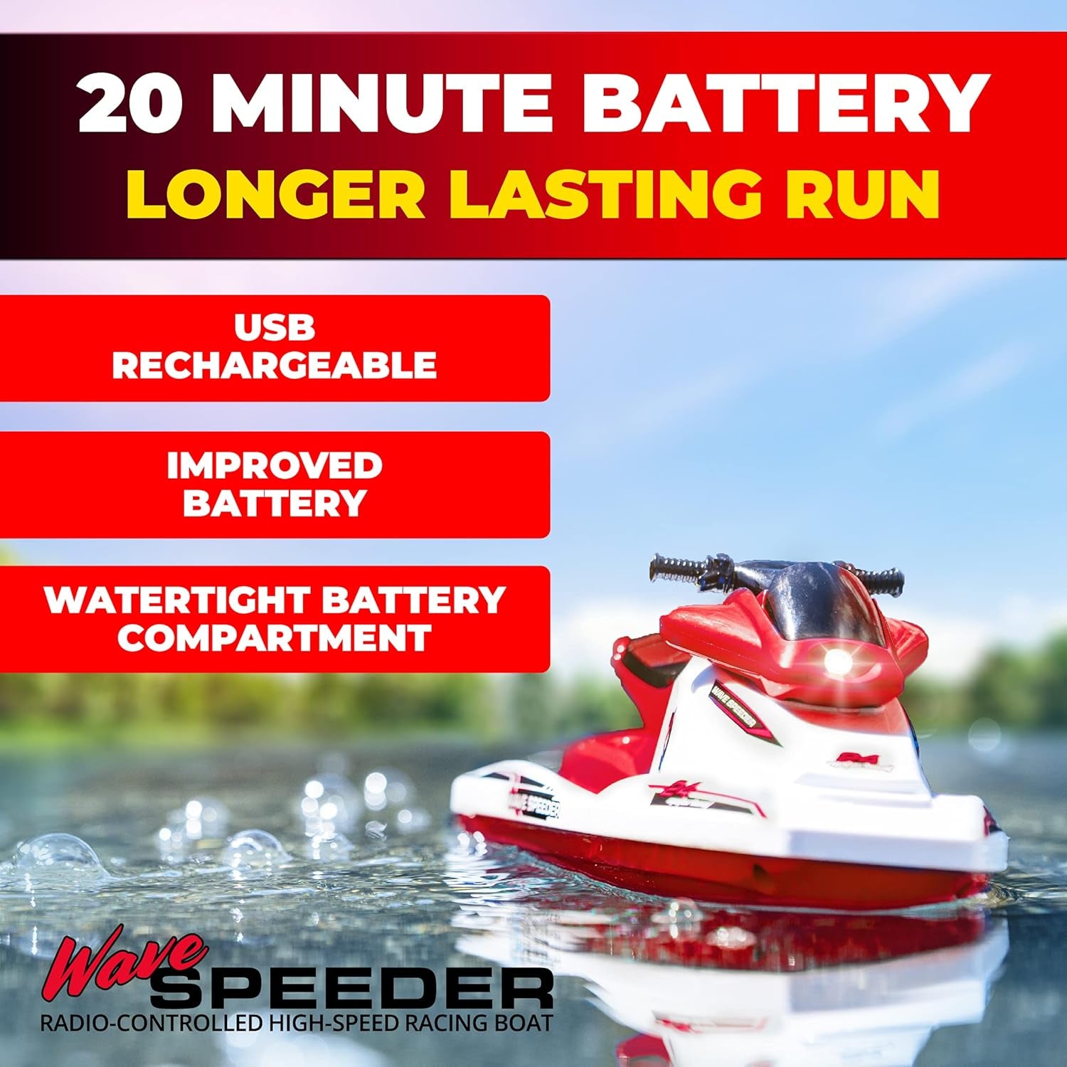 Wave Speeder RC Boat for Kids - Remote Control Toy for Pool Water or Lake Play, Mini RC Boat Toy with Motor, Rechargeable Battery, Dual Motor, USB Charger, 2.4Ghz Remote Control (Red)