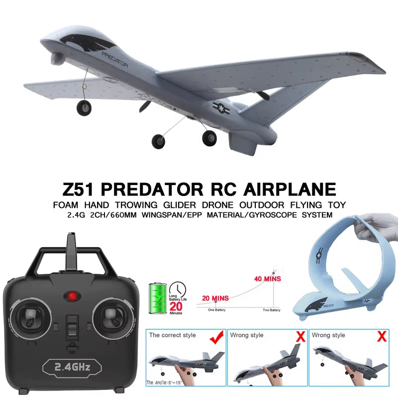 RC Plane 20 Minutes Flight Time Glider Toy Plane with LED 2.4G Remote Control Hand Throwing Wingspan Kids RC Jet Airplane Foam