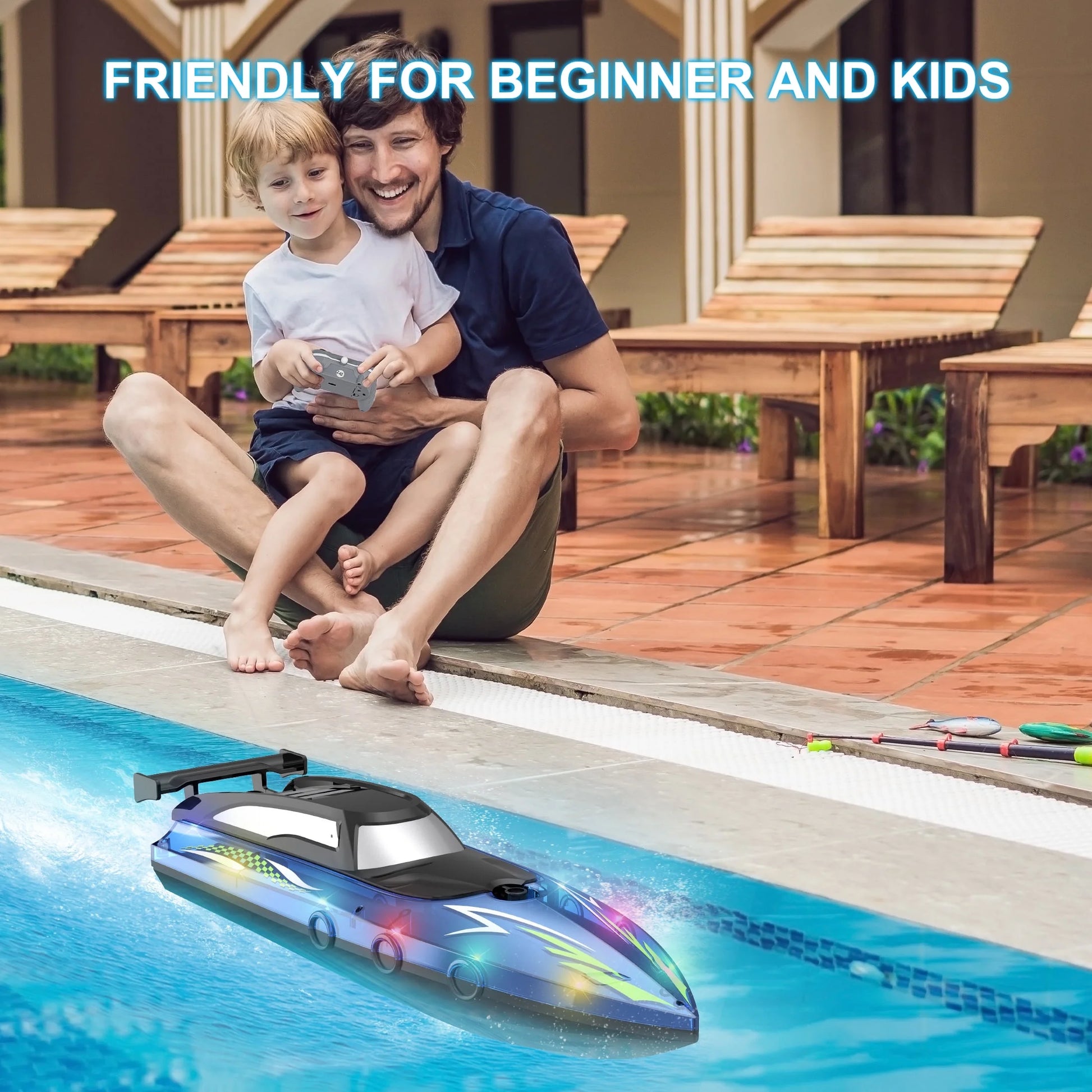 Remote Control Boat with LED Lights, 2.4Ghz High Speed RC Racing Boats for Lakes, Pool Toys for Kids & Adults, Radio Controlled Watercraft