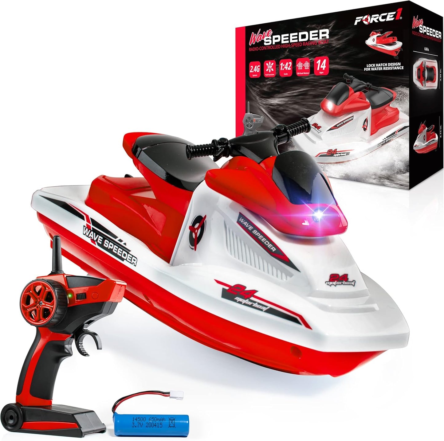 Wave Speeder RC Boat for Kids - Remote Control Toy for Pool Water or Lake Play, Mini RC Boat Toy with Motor, Rechargeable Battery, Dual Motor, USB Charger, 2.4Ghz Remote Control (Red)